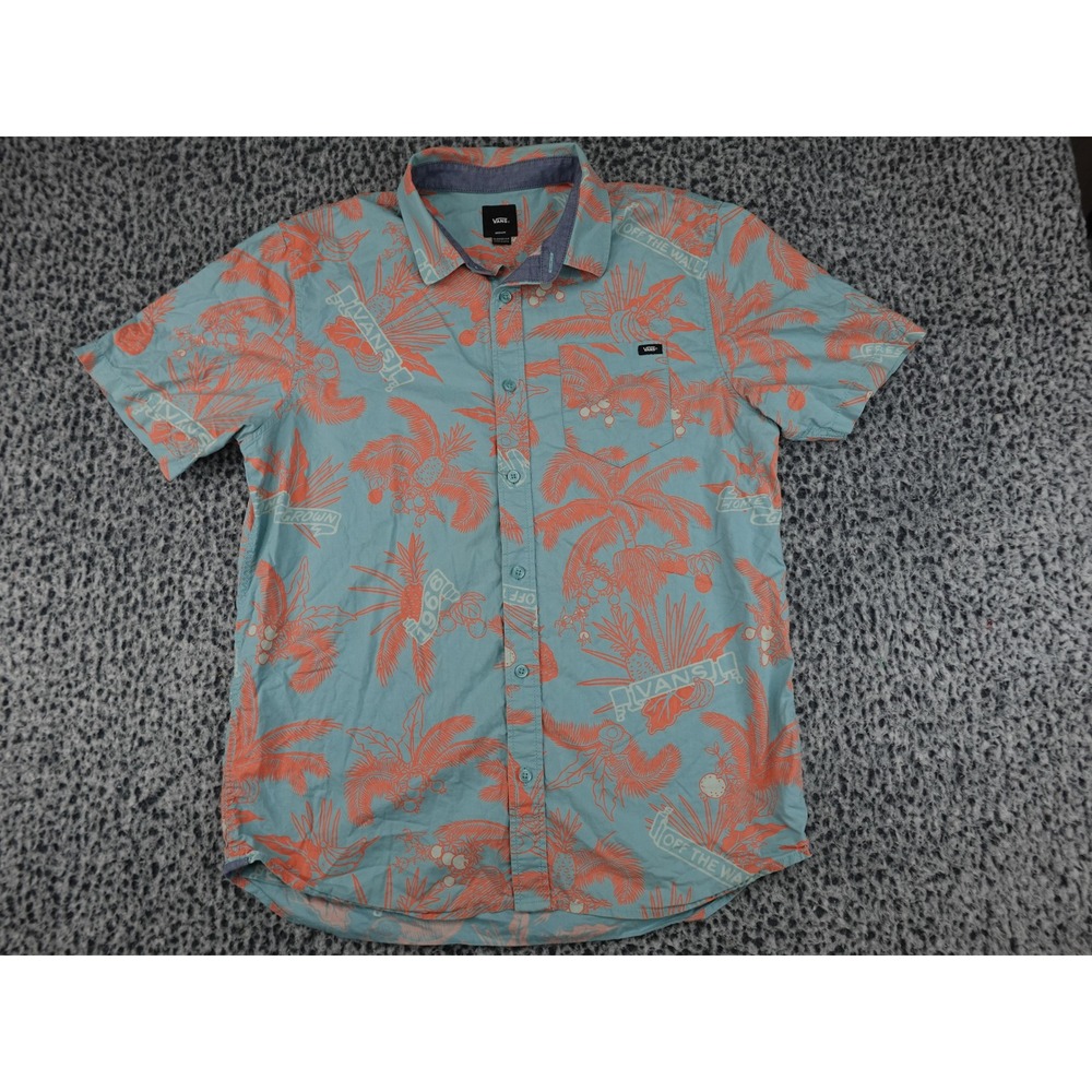 Vans Button Down Shirt Mens Medium Blue Coral Tropical Palm Tree SS